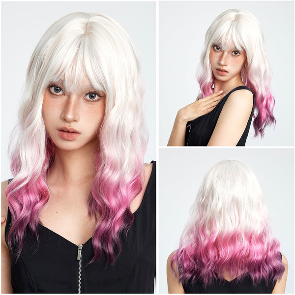 14-inch |White Ombre Pink | Curly Hair with hair bangs |SM210-5
