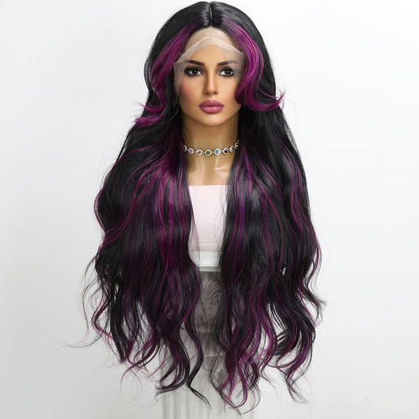 32-inch |  Pureple Black  Highlight Bodyway hair T part  Lace Front Wigs | SM9212