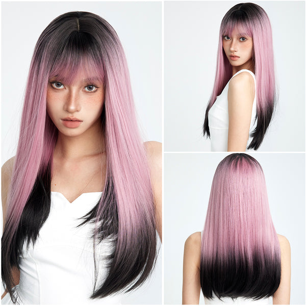 24-inch | Ombre Black Pink Nature   Straight  with Bangs Wig| SM8016