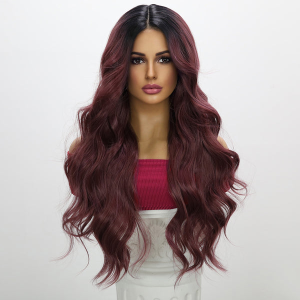 26-inch | Ombre Dark Purple Red Body wave hair T part Lace Front Wigs | SM9036