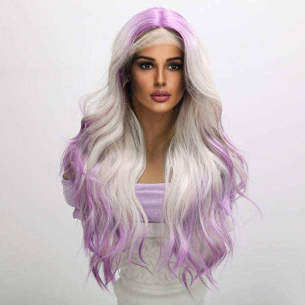 SMILCO/White Gradient Purple Long Wavy Hair Dairy Style Synthetic Lace Front Wigs [SM9117]