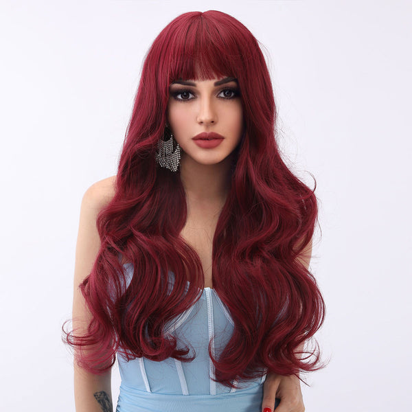 28-inch |Claret red | Bodywave Long Hair with hair bangs |SM023