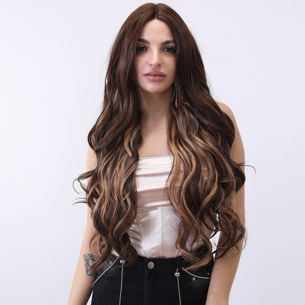 30-inch | Brown Highlite Body Wave  hair T part  Lace Front Wigs | SM9048