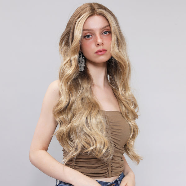 Kay | 26-inch | Gradient gold Loose Wave without Hair Bangs Lace Front T Part | SM9016
