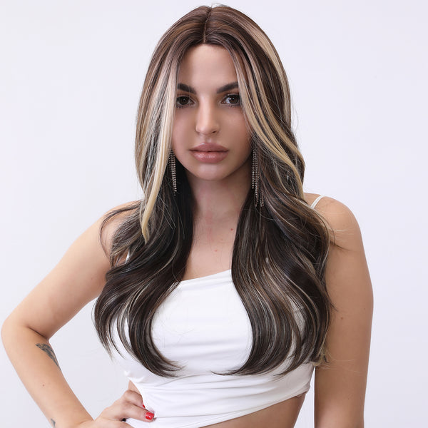 Smilco T-Part Lace Wig – Elegant Natural Brown with Blonde Streaks, Straight Texture, 22 Inch/SM9239