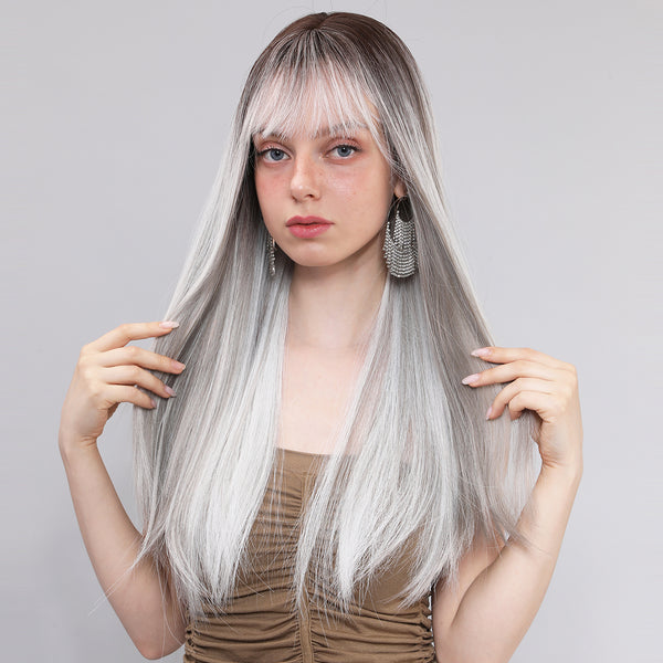 24Inches |Grey Ombre Highlight With Bangs | Daily Style |Straight Hair | SM7668