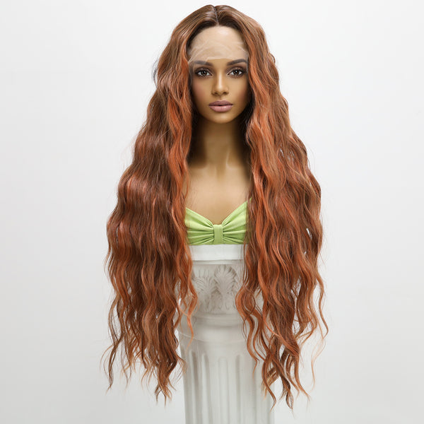 32-inch |Ombre Ginger Mixed Highlight Curly  Hair Water Wave T part  Lace Front Wigs | SM9207