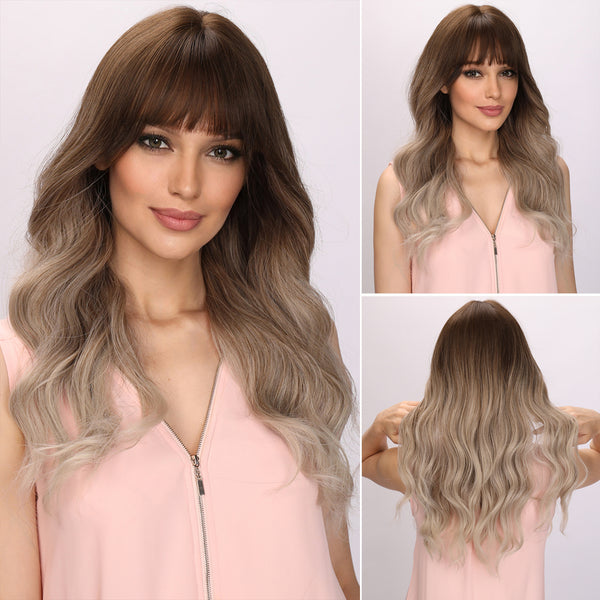 22-inch | Ombre Grey Gold Loose Wave with Bangs | SM303