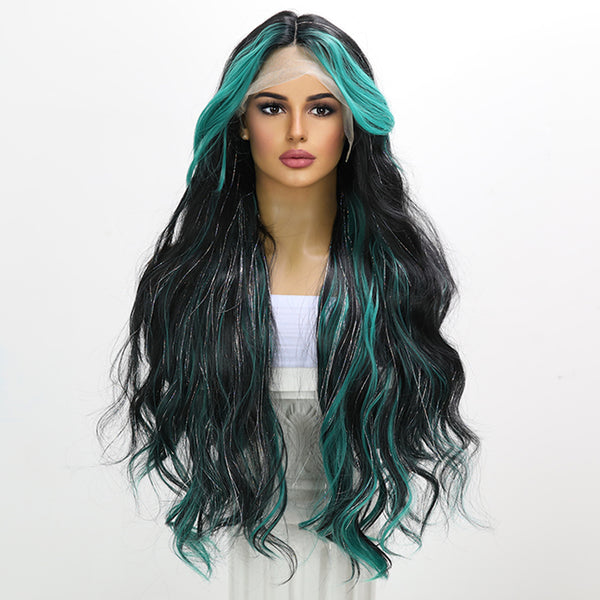 Smilco Black to Teal Ombre T-Part Lace Wig – Dramatic Waves, 32 Inch| SM9211