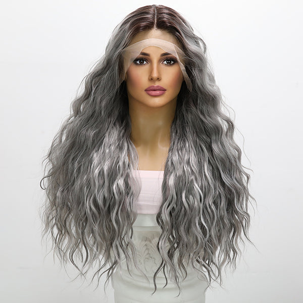 26-inch |Ombre Black Grey Mixed Curly  hair Water Wave T part  Lace Front Wigs | SM9213