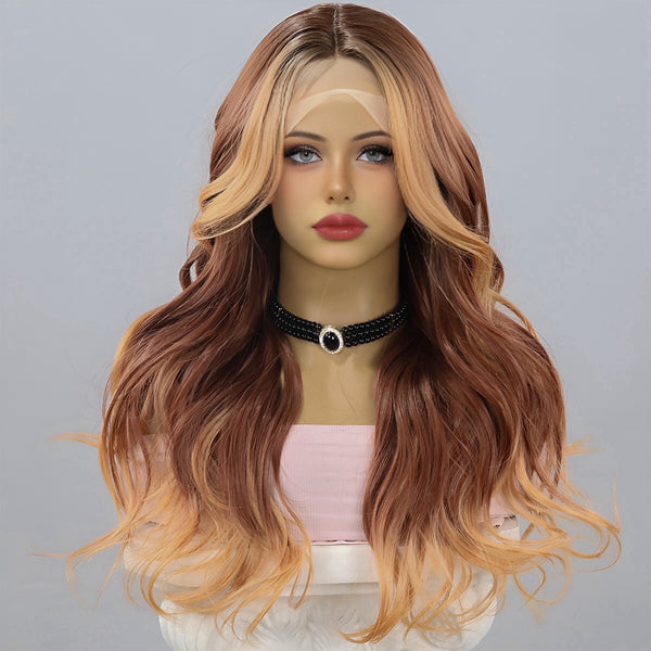 Smilco T-Part Lace Wig – Copper Brown with Blonde Highlights, Wavy Texture, 20-inch/SM9060
