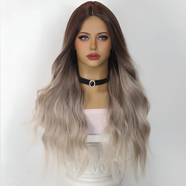 Smilco Brown to Ash Blonde Ombre Wavy Wig – Small Lace Front, 24 Inch/SM179-5