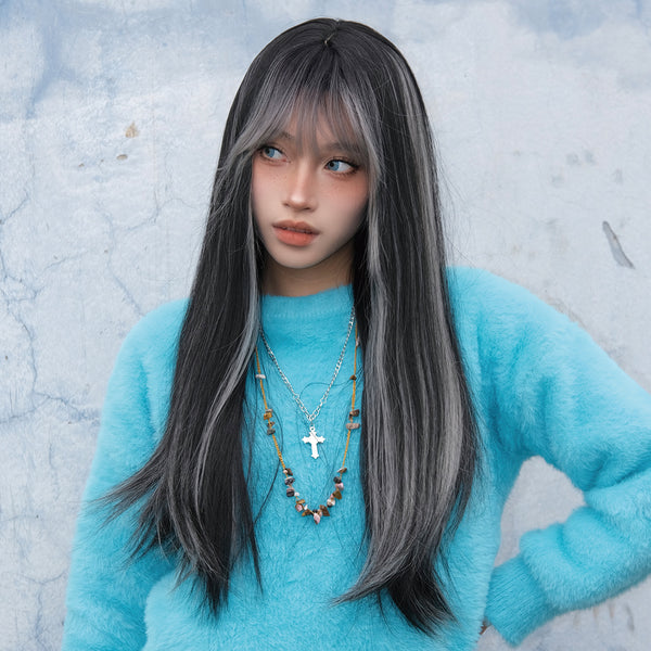 Smilco Dark Ash Long Machine-Made Wig – Straight with Subtle Bangs, 26 Inch| SM7279