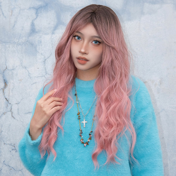 Smilco Pink Wavy Machine-Made Wig – Soft Pastel Ombre, 22 Inch/SM6019