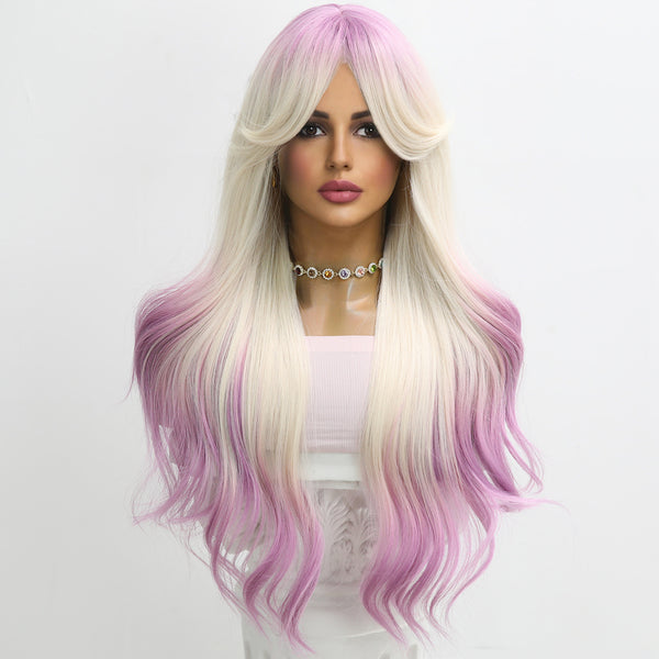 26-inch |Top And Button Ombre Purple Blonde  Curly   with Bangs Wig| SM1030
