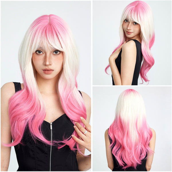 26-inch |Top And Button Ombre Pink Blonde Bodywave with Bangs Wig| SM262