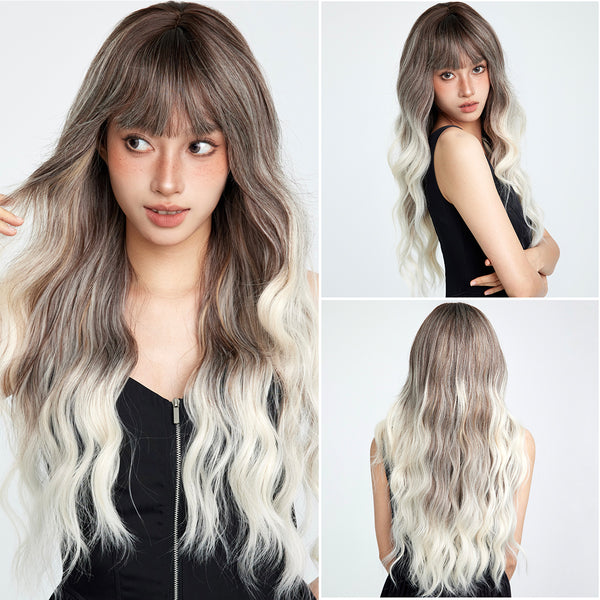 SMILCO/Cool Grey Long Curly Hair Dairy Style Synthetic Full Machine Wigs [SM8067]