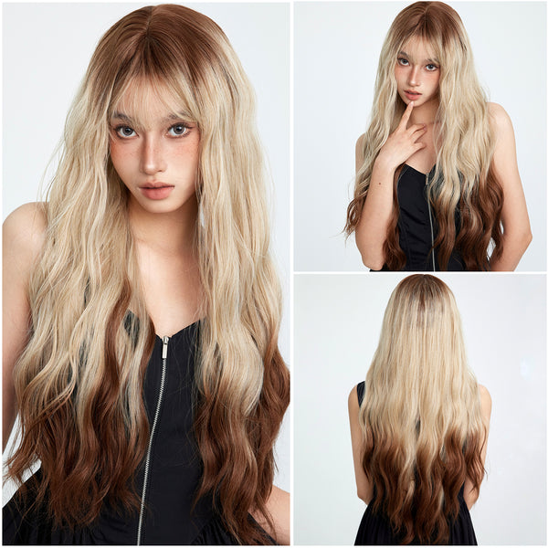 28-inch |Top And Button Ombre Dark Brown Blonde  Curly   with Bangs Wig| SM6055