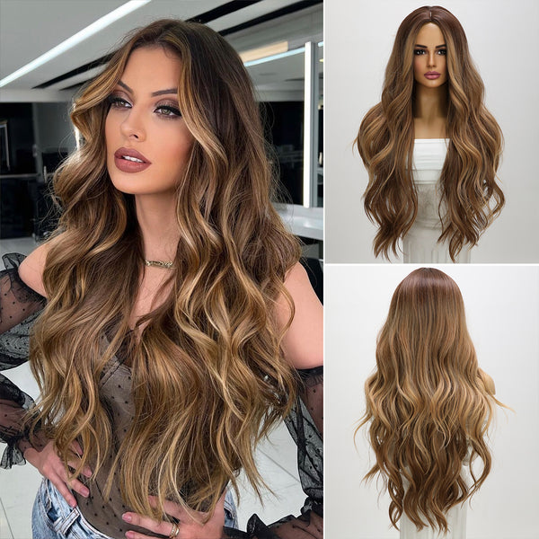 SMILCO/Brown Highlight Ombre | 26 inch | Curly Long Middle Part  Wigs | SM1620