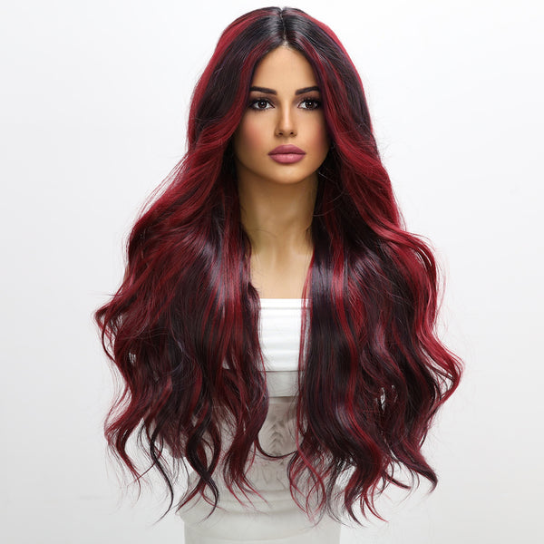 28-inch |Ombre Claret Red black Mixed Body Wave  hair T part  Lace Front Wigs | SM9145