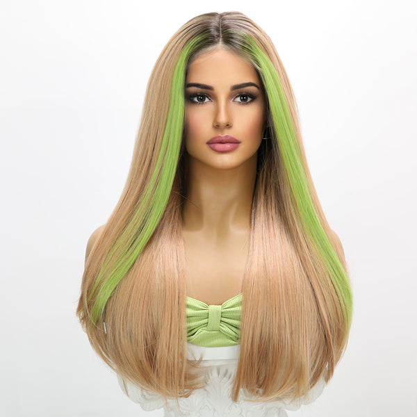 24-inch |Ombre Blonde Green Straight  hair T part  Lace Front Wigs | SM9149