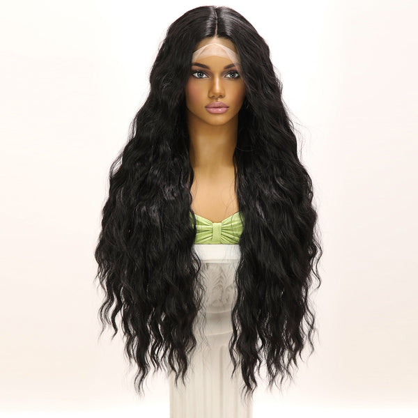 32-inch |1B Black Curly  hair Water Wave T part  Lace Front Wigs | SM9173