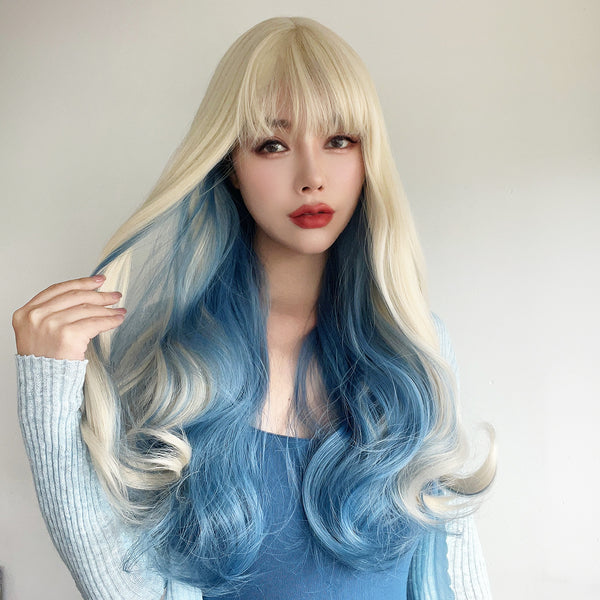 SMILCO/ | Blonde And Blue | Long Curly Hair With Blue Highlights Daily Style Synthetic Full Machine Wigs With Hair Bangs [SM4115