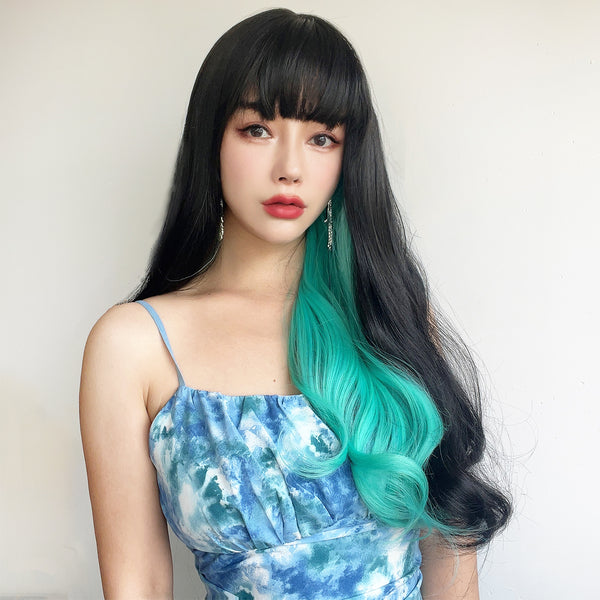 SMILCO/ | Black And Green| Long Curly Hair With Blue Highlights Daily Style Synthetic Full Machine Wigs With Hair Bangs [SM4112]