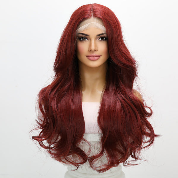 26-inch |Claret Red Body Wave  hair T part  Lace Front Wigs | SM9139