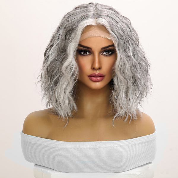 12-inch | Grey Mixed Curly  hair Short hair Bob T part  Lace Front Wigs | SM9169