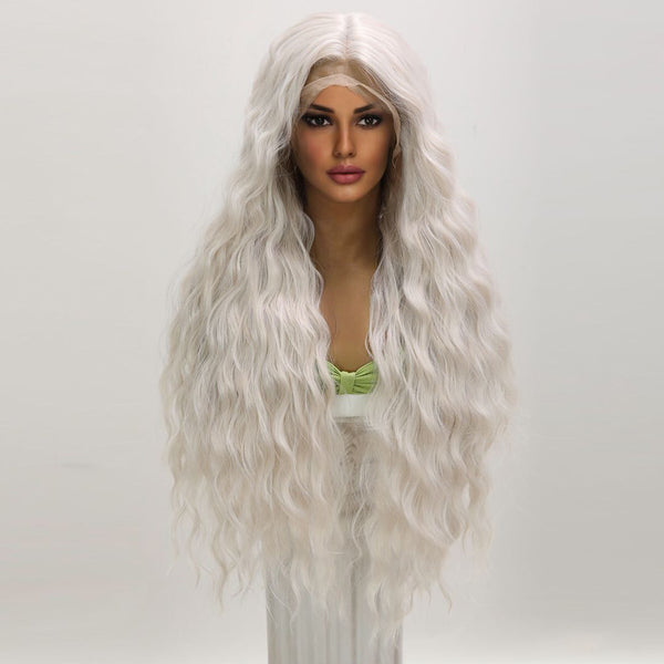 32-inch | Platinum Curly  Hair Water Wave T part  Lace Front Wigs Long Hair | SM9174