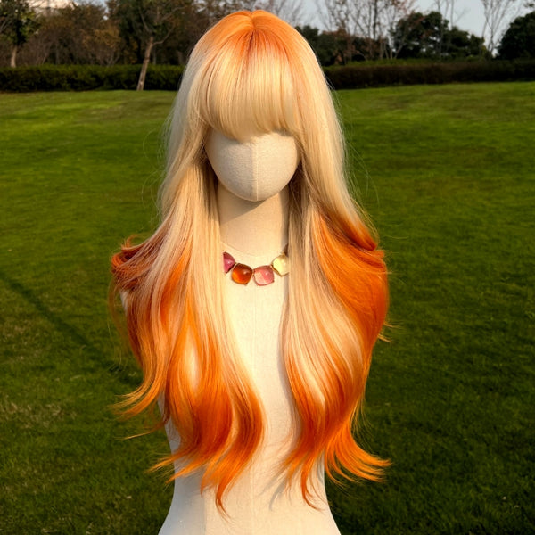 MILCO Ombre Orange Blonde Blonde | 28 inch | Body Wave With Bangs long Wig| SM2173