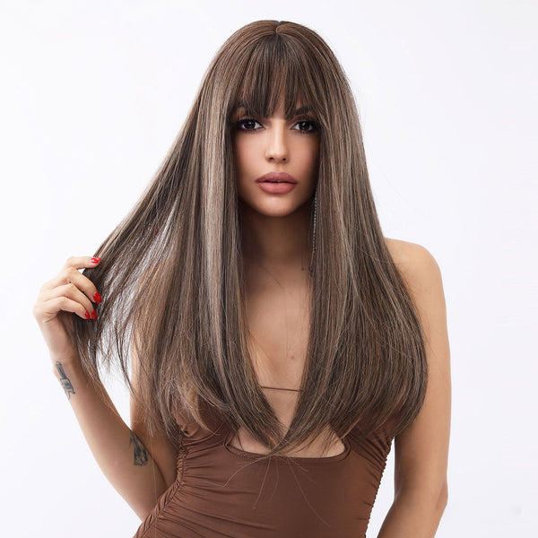 24-inch | Brown Highlight Straight Hair with Bangs Wig | SM1216