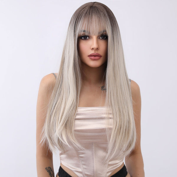 SMILCO/Ombre Blonde  White Mixed Highlight | 26 inch | Curly Long Middle Part | Synthetic Wigs | SM1658