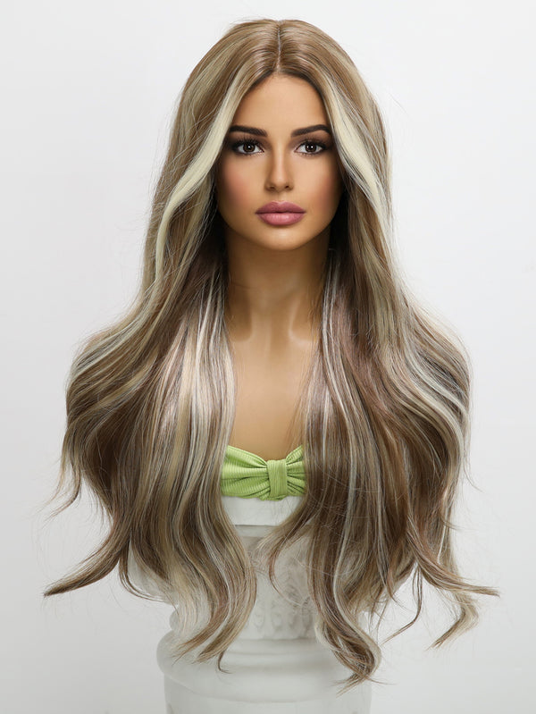 SMILCO/Brown White Highlight | 26-inch | Curly Long Middle Part | Lace Front Wigs | SM9205
