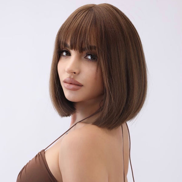 Smilco Classic Brown Bob Wig with Bangs – Machine-Made, Sleek Look, 10 Inch | SM7271