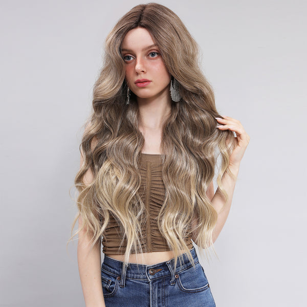 28-inch |Tea Brown Blonde Body Wave  hair T part  Lace Front Wigs | SM9118