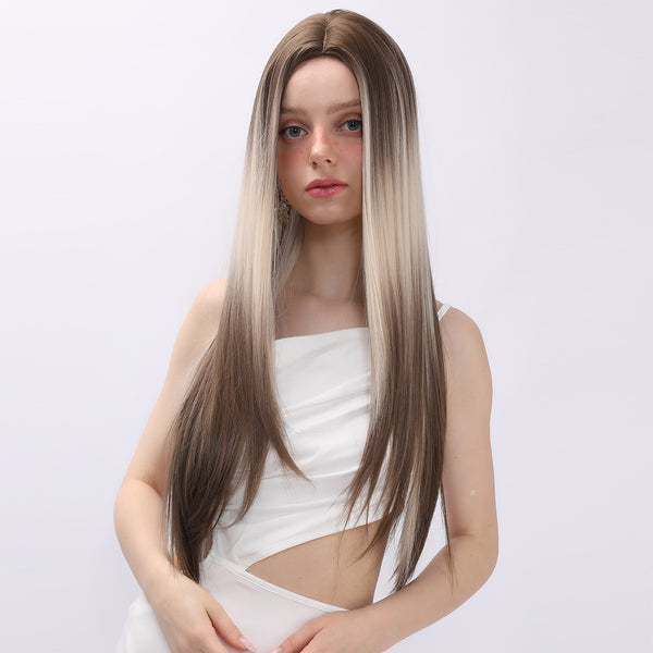 SMILCO/Top Button Ombre Brown Blonde | 28 inch | Staight Long Middle Part | Synthetic  Wig| SM1659