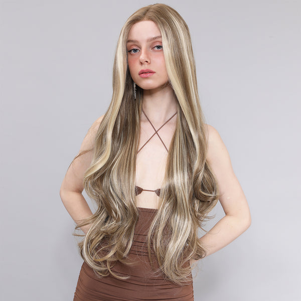 32-inch |Tea Brown Highlight Body Wave  hair T part  Lace Front Wigs | SM9116