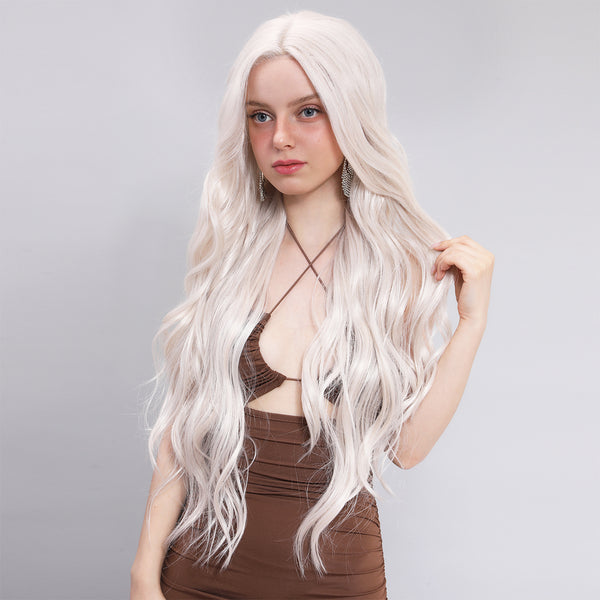 28-inch |Light Blonde Platinum Long Hair body waveCurly hair T-Part Lace Front Wigs | SM9224