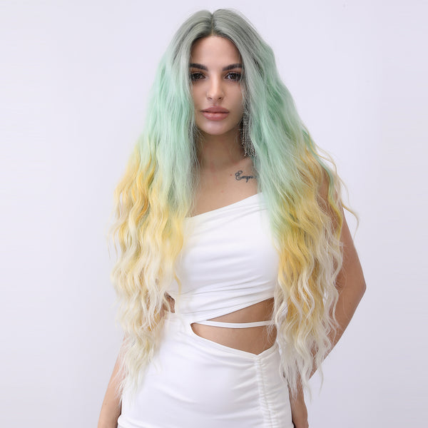 32-inch |Ombre Green Yellow  Water Wave  Long hair T part  Lace Front Wigs | SM9310