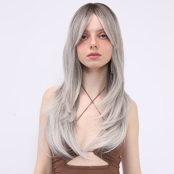 SMILCO/Grey Mixed | Wavy Long Middle Part Hair For Women | Dairy Style | Synthetic Full Machine Wigs | SM258