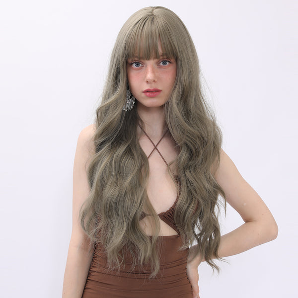 24-inch |Grey Brown|  Curly Long Hair with hair bangs | SM7215