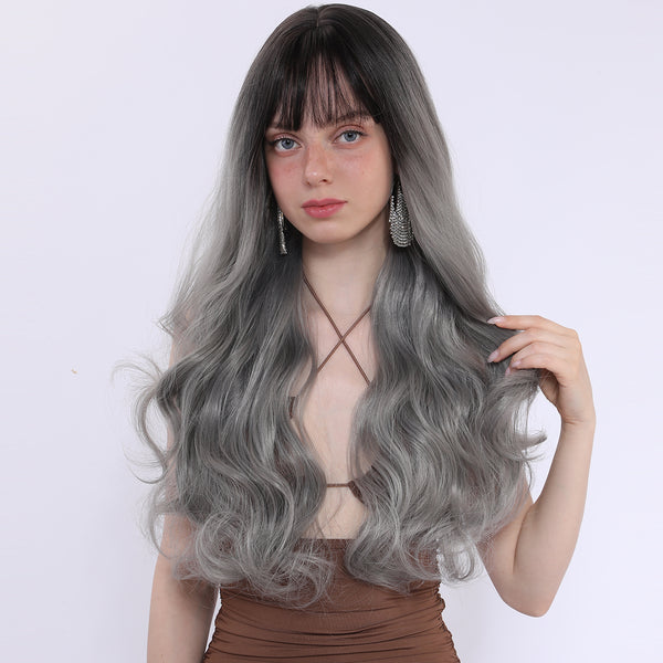 28 Inches |Ombre Grey | Daily Style |Body Wave Hair With Bangs | SM7610