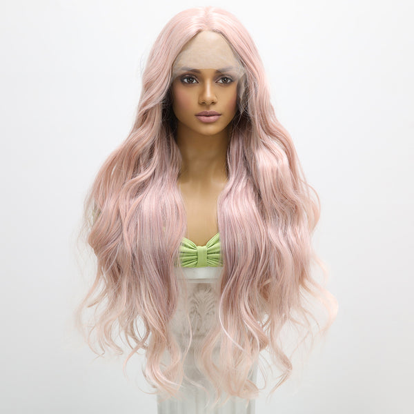 28-inch |Tea Pink Mixed Body Wave  hair T part  Lace Front Wigs | SM9127