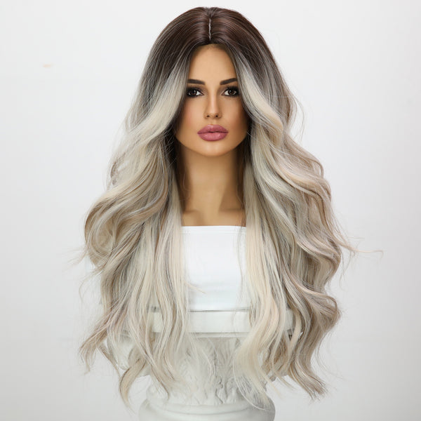 SMILCO/Brown Ombre Blonde Mixed Highlight | 26 inch | Body Wave  Long Middle Part | Synthetic Wig | SM1657