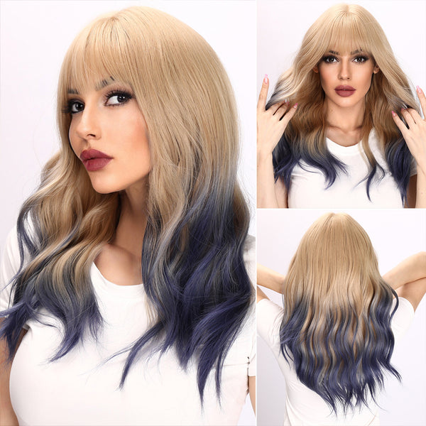 22-inch | Gold Loose Wave Ombre blue with Hair Bangs | SM8053
