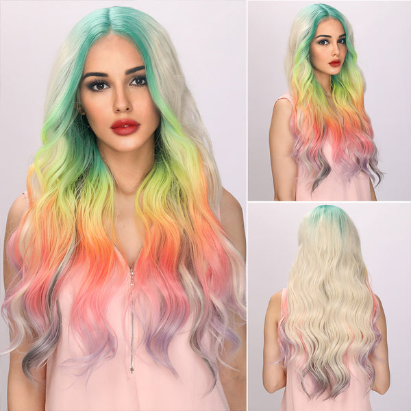 28-inch | Lace Front Wigs | Colorful Rainbow Wavy Long Wigs | SM9010