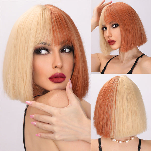 12-inch | Gold & Orange Split | Short Hair Straight BOB Wig with Bangs | SM6164