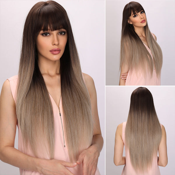 30-inch | Ombre Brown Ash Blonde |Long Straight | Wig with HBang | SM9348